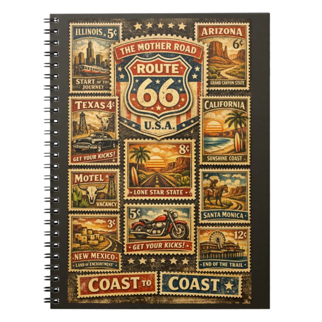 Vintage Route 66 Briefmarken-Reisejournal Notizblock (Vorderseite)