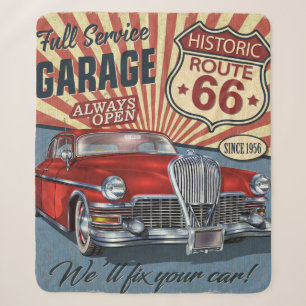 Vintage Route 66 Garage Retroplakat mit retro Auto Sherpadecke