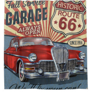 Vintage Route 66 Garage Retroposter mit Retro ca Duschvorhang