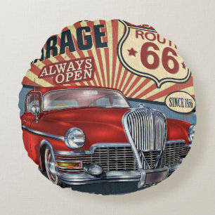 Vintage Route 66 Garage Retroposter mit Retro ca Rundes Kissen