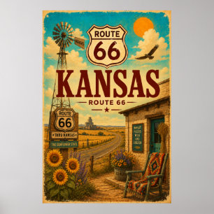 Vintage Route 66 Kansas Sonnenblumen Reise Kunst Poster