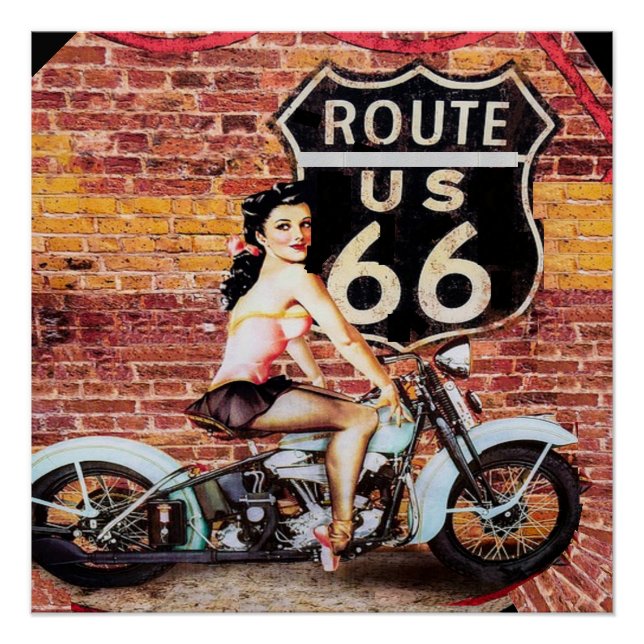 Vintage Route 66 Lady auf Motorradplakat Poster