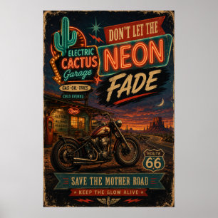 Vintage Route 66 Neon-Garage Motorrad Americana Poster