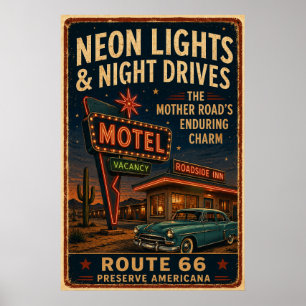 Vintage Route 66 Neon-Motel Nachtfahrt Poster