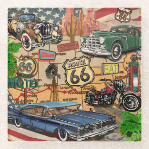 Vintage Route 66, nostalgischer Poster. Glasuntersetzer