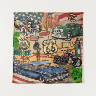 Vintage Route 66, nostalgischer Poster. Wandteppich
