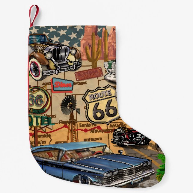 Vintage Route 66, nostalgisches Poster. Kleiner Weihnachtsstrumpf (Vorderseite)