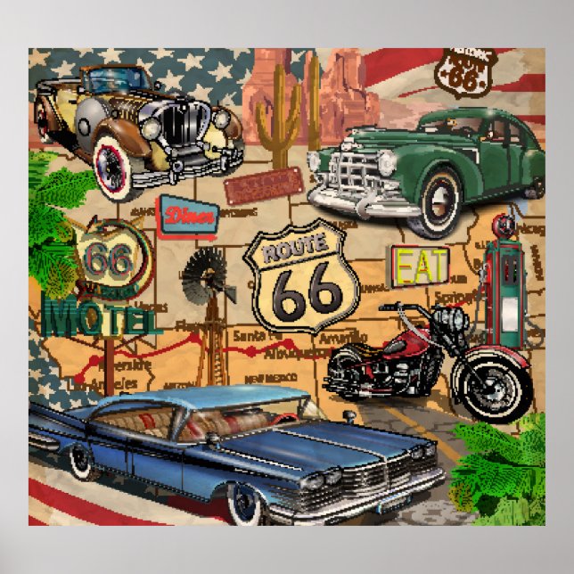 Vintage Route 66, nostalgisches Poster. Poster (Vorne)