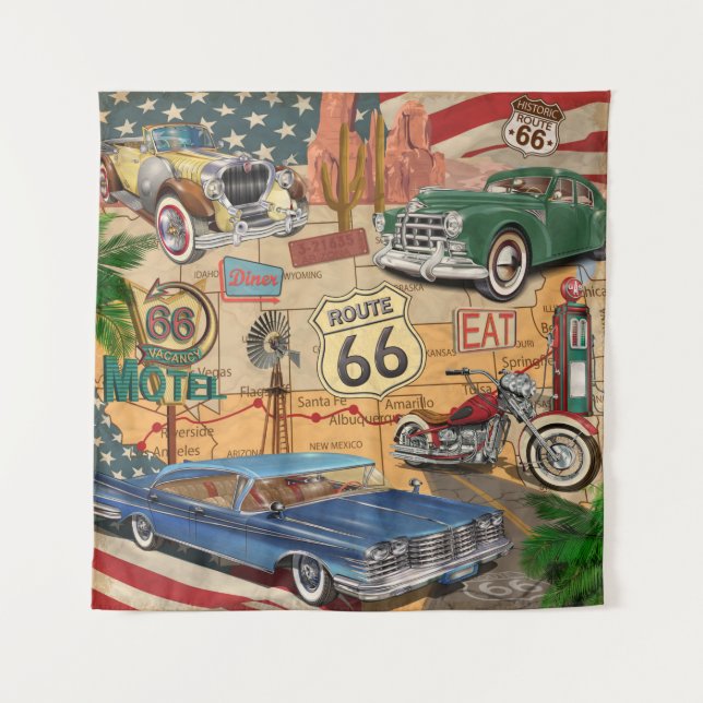 Vintage Route 66 Poster. Wandteppich (Vorderseite)