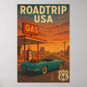 Vintage Route 66 Road Trip - Retro American Travel Poster
