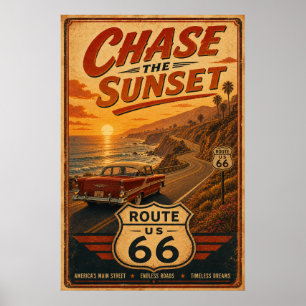 Vintage Route 66 Sonnenuntergangshochstraße Poster