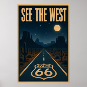 Vintage Route 66 Wüstenautobahn Nachtlandschaft Poster