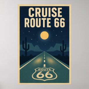 Vintage Route 66 Wüstenstraße Mitternachtsfahrt Poster