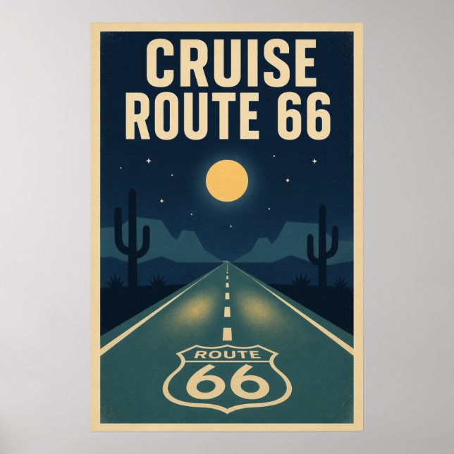 Vintage Route 66 Wüstenstraße Mitternachtsfahrt Poster (Vorne)