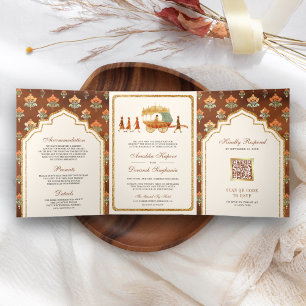 Vintage Royal Queen Gold Chariot Indian Wedding Dreifach Gefaltete Einladung