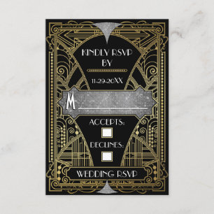 Vintage RSVP-Karten für Schwarz und Silber Art Dec RSVP Karte