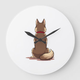 Vintage-Rückansicht Husky-Hund-Illustration Braun Große Wanduhr