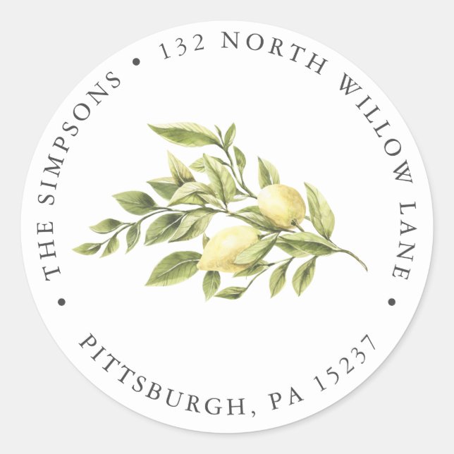 Vintage Rücksendeadresse Lemon und Greenery Runder Aufkleber (Vorderseite)
