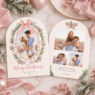 Vintage-Rüschen-Kranz Rosa 4-Foto-Weihnachtskarte Einladung
