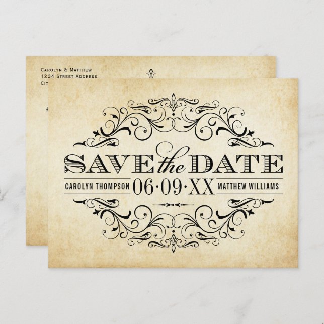 Vintage Rustic Black Flourish Parchment Wedding Ankündigungspostkarte (Vorne/Hinten)
