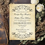 Vintage Rustic Black Flourish Parchment Wedding Einladung<br><div class="desc">Dekorative schwarze Wirbel und Schnörkel umrahmen dieses elegante Vintage Typografie Hochzeitsdesign. Der rustikale Elfenbeinhintergrund ist mit einem strukturierten,  gealterten Pergamentpapier bedruckt. Personalisieren Sie den stylischen Text für Ihre Hochzeitsfeier und Ihren Empfang.</div>