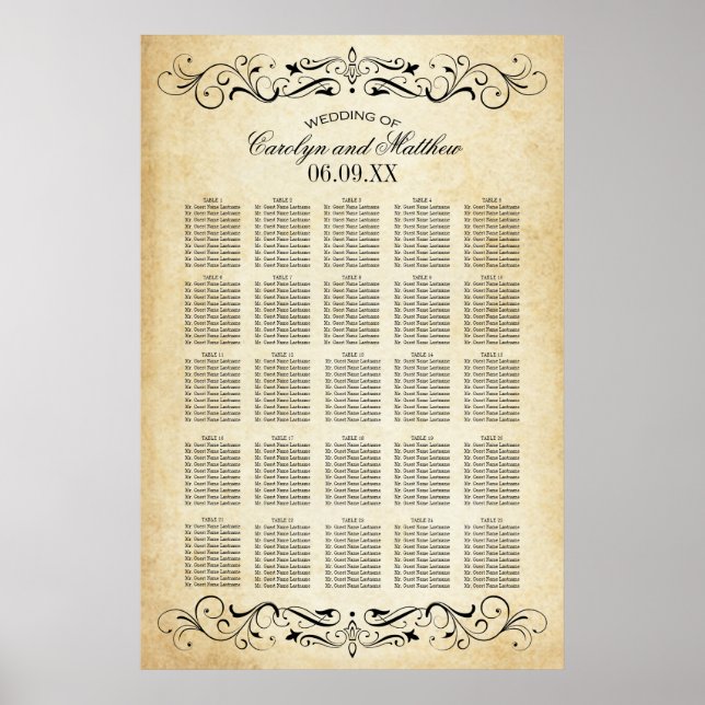 Vintage Rustic Black Flourish Parchment Wedding Poster (Vorne)