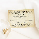 Vintage Rustic Black Flourish Parchment Wedding RSVP Karte<br><div class="desc">Dekorative schwarze Wirbel und Schnörkel umrahmen dieses Vintage,  inspirierte Hochzeitskartendesign. Der rustikale Elfenbeinhintergrund ist mit einem strukturierten,  gealterten Pergamentpapier bedruckt. Personalisieren Sie den benutzerdefinierten UAWG mit dem Fälligkeitstermin Ihrer Antwort.</div>