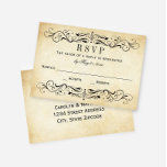 Vintage Rustic Black Flourish Parchment Wedding RSVP Karte<br><div class="desc">Dekorative schwarze Wirbel und Schnörkel umrahmen dieses Vintage,  inspirierte Hochzeitstil-Postkartendesign. Der rustikale Elfenbeinhintergrund ist mit einem strukturierten,  gealterten Pergamentpapier bedruckt. Personalisieren Sie den benutzerdefinierten UAWG mit dem Fälligkeitstermin Ihrer Antwort. Geben Sie auf der Kartenrückseite eine Antwortadresse sowie eine Postkartenpostkartenablage ein.</div>