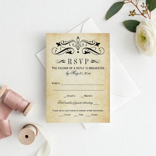 Vintage Rustic Black Flourish Parchment Wedding RSVP Karte
