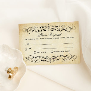 Vintage Rustic Black Flourish Parchment Wedding RSVP Karte
