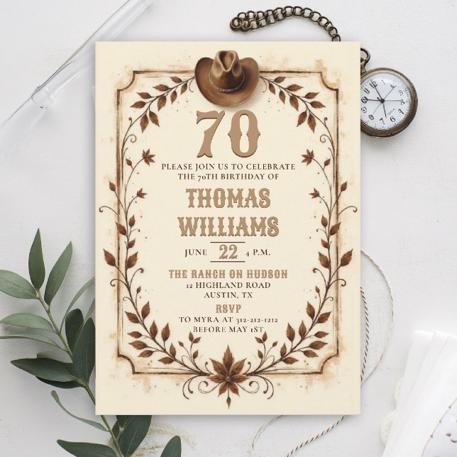 Vintage Rustic Cowboy Western Leaf 70th Birthday  Einladung (cowboy birthday invitation men 70th rustic vintage country western botanical husband dad grandpa)