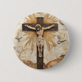 Vintage Rustic Jesus on the Cross Button