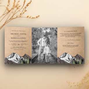 Vintage-Rustic-Kraft-Bergwald-Foto-Hochzeit Dreifach Gefaltete Einladung