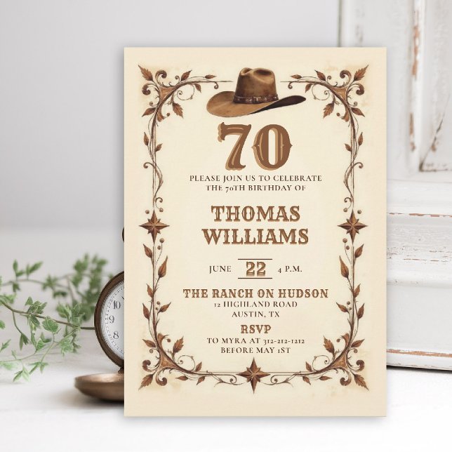 Vintage Rustic Western Star Cowboy 70th Birthday  Einladung (cowboy birthday invitation men 70th rustic vintage star country western husband dad grandpa)