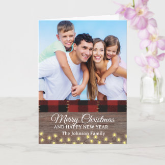 Vintage Rustic Wood Buffalo Plaid Photo Christmas Karte