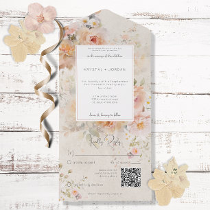 Vintage-Rustikal-Rosa-Blush-Blumenrahmen-QR-Code All In One Einladung