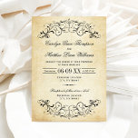 Vintage Rustikal-Schwarz-Blüh-Hochzeit Einladung<br><div class="desc">Dekorative schwarze Wirbel und Schnörkel bilden den Rahmen für dieses elegante Vintage typografische Hochzeitsdesign. Der rustikale Elfenbeinhintergrund wird mit einem strukturierten,  gealterten Pergament-Papier gedruckt.  Personalisieren Sie den stylischen Text für Ihre Hochzeitszeremonie und Ihren Empfang.</div>