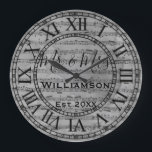 Vintage rustikale alte Musiknoten Papier Personali Große Wanduhr<br><div class="desc">Dieses wunderschöne, einmalige, personalisierte Design zeichnet sich durch einen Vintagen, rustikalen Hintergrund mit schwarzer Typografie aus, der mit Ihrem eigenen Namen und Jahr personalisiert werden kann. Macht eine großartige Hochzeit, ein Jubiläum oder ein Geschenk für die Hauswärmung. Klicken Sie auf "Personalisieren Sie diese Vorlage", um Namen, Schriftart und Farben zu...</div>