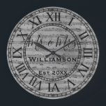 Vintage rustikale alte Musiknoten Papier Personali Große Wanduhr<br><div class="desc">Dieses wunderschöne, einmalige, personalisierte Design zeichnet sich durch einen Vintagen, rustikalen Hintergrund mit schwarzer Typografie aus, der mit Ihrem eigenen Namen und Jahr personalisiert werden kann. Macht eine großartige Hochzeit, ein Jubiläum oder ein Geschenk für die Hauswärmung. Klicken Sie auf "Personalisieren Sie diese Vorlage", um Namen, Schriftart und Farben zu...</div>