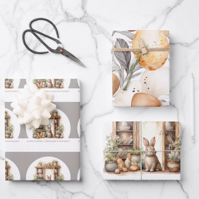 Vintage Rustikale Beige Osterkaninchen Geschenkpapier Set (Vorderseite)