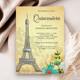 Vintage Rustikale Blumige Eiffelturm Quinceanera Einladung
