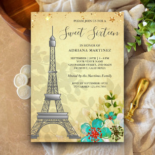 Vintage Rustikale Blumige Eiffelturm Sweet Sixteen Einladung