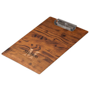 Vintage rustikale braune verbrannte Holz-Monogramm Klemmbrett