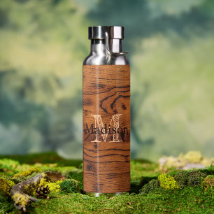 Vintage rustikale braune verbrannte Holz-Monogramm Trinkflasche