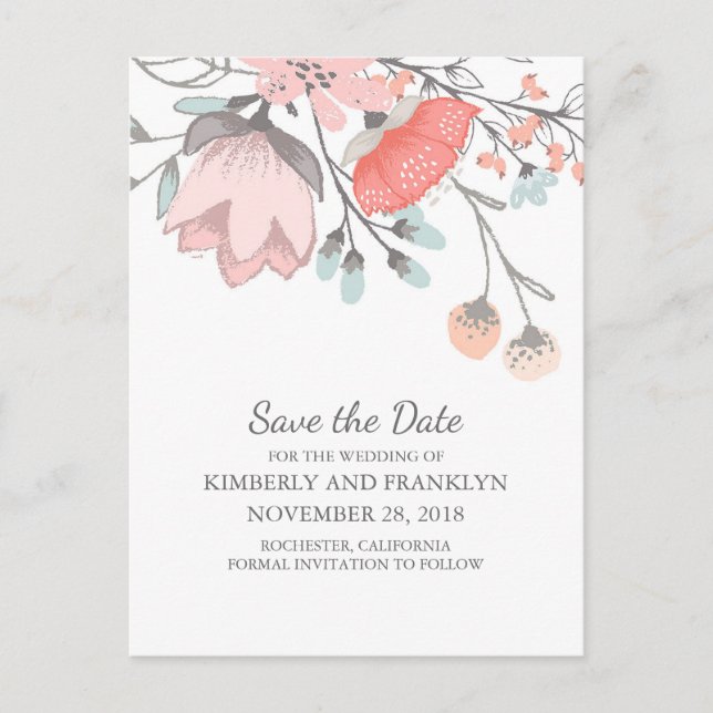 Vintage rustikale Flora Save the Date Ankündigungspostkarte (Vorderseite)