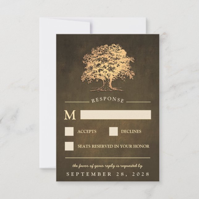 Vintage Rustikale Gold Oak Tree Wedding RSVP Karte (Vorderseite)