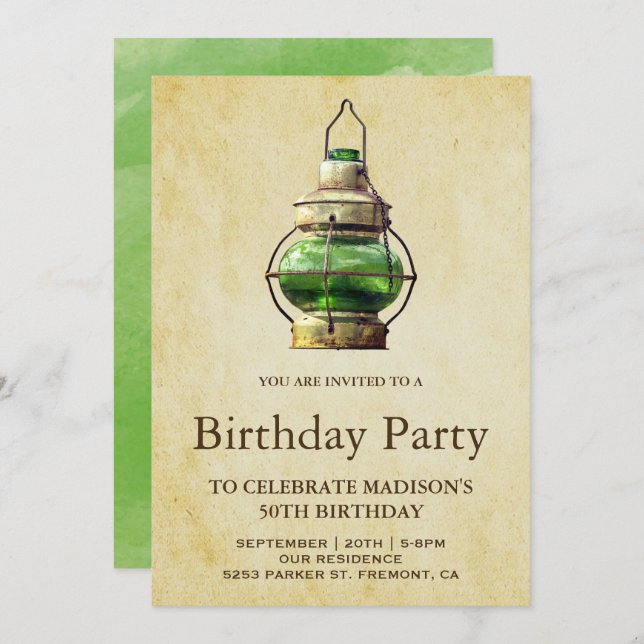 Vintage Rustikale Grüne Laterne Geburtstagsparty Einladung (Vorne/Hinten)