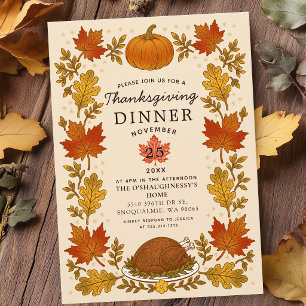 Vintage Rustikale Herbstblätter Thanksgiving-Dinne Einladung