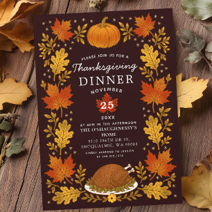 Vintage Rustikale Herbstblätter Thanksgiving-Dinne Einladung