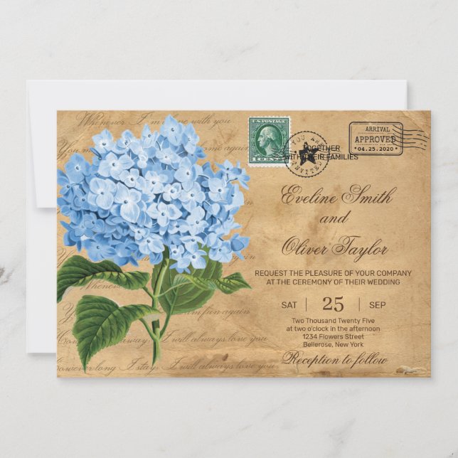 Vintage rustikale Hochzeit mit blauen Hydrangea Einladung (Vorderseite)